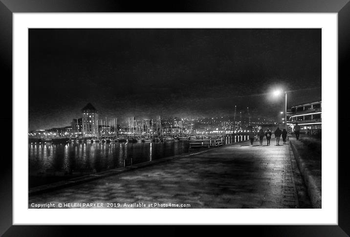 Swansea Marina at night Framed Mounted Print by HELEN PARKER