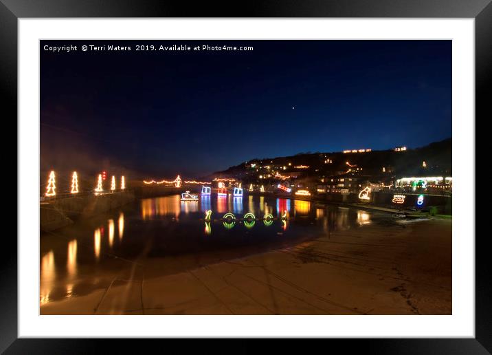 Mousehole Harbour Christmas Lights Framed Mounted Print by Terri Waters
