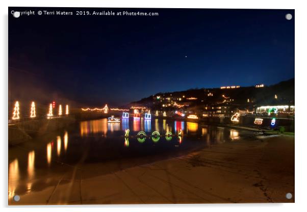 Mousehole Harbour Christmas Lights Acrylic by Terri Waters