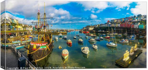 Brixham Harbour with The Golden Hind Canvas Print by Paul F Prestidge