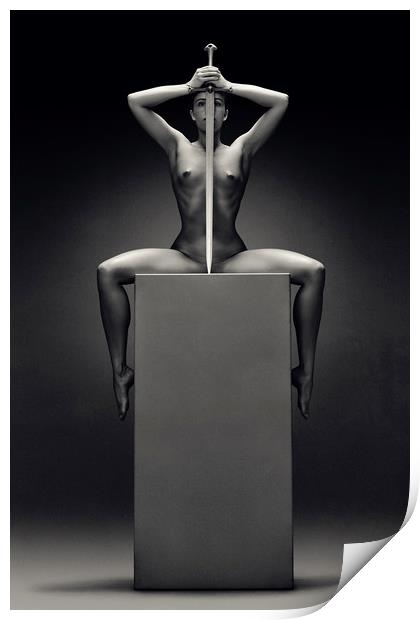 Nude woman with sword Print by Johan Swanepoel