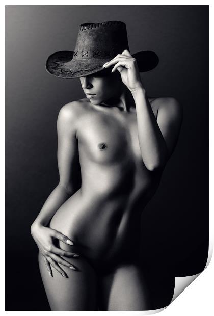 Nude woman cowboy hat Print by Johan Swanepoel
