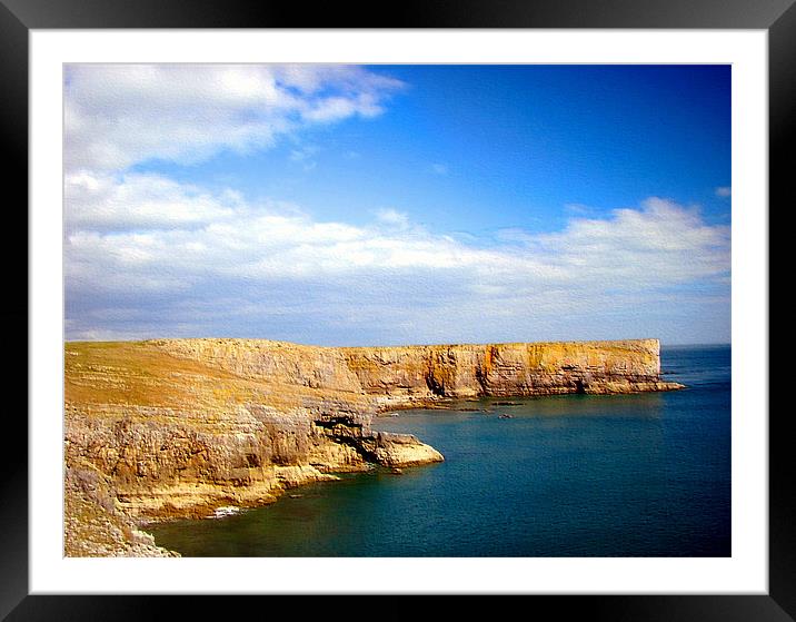 Stackpole Headland.Embossed.Wales. Framed Mounted Print by paulette hurley