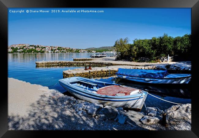 Zatoglav Beach Boats Croatia Framed Print by Diana Mower