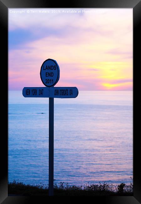 Sunset at Land's End Signpost Framed Print by Terri Waters