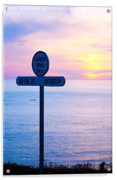 Sunset at Land's End Signpost Acrylic by Terri Waters