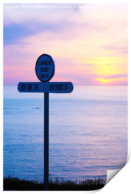 Sunset at Land's End Signpost Print by Terri Waters