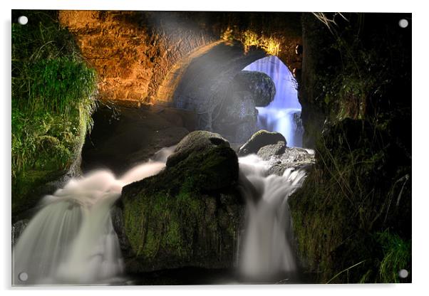 Rouken Glen Waterfall At Night Acrylic by Ronnie Reffin