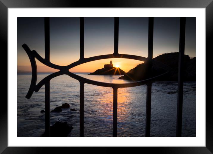 Mumbles lighthouse through a fish Framed Mounted Print by Leighton Collins