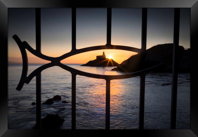 Mumbles lighthouse through a fish Framed Print by Leighton Collins