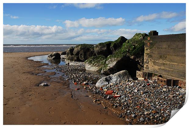 The Sand and Rocks of Cleveleys Beach Blackpool Print by JEAN FITZHUGH