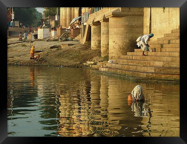 Bathing in the Ganges Framed Print by Serena Bowles
