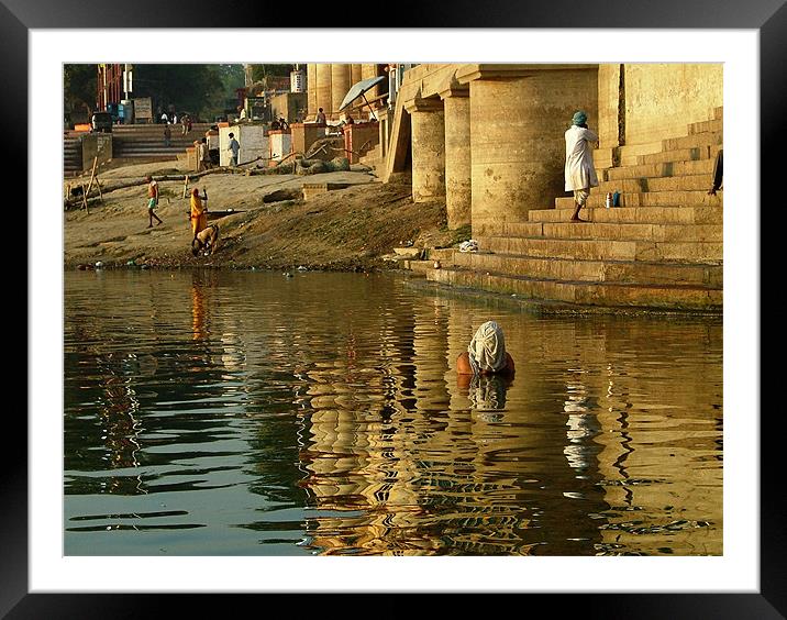 Bathing in the Ganges Framed Mounted Print by Serena Bowles