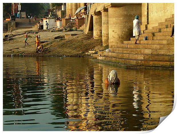 Bathing in the Ganges Print by Serena Bowles