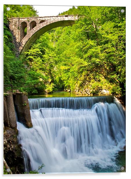 Vintgar Gorge water and bridge, Slovenia Acrylic by Kate Barley