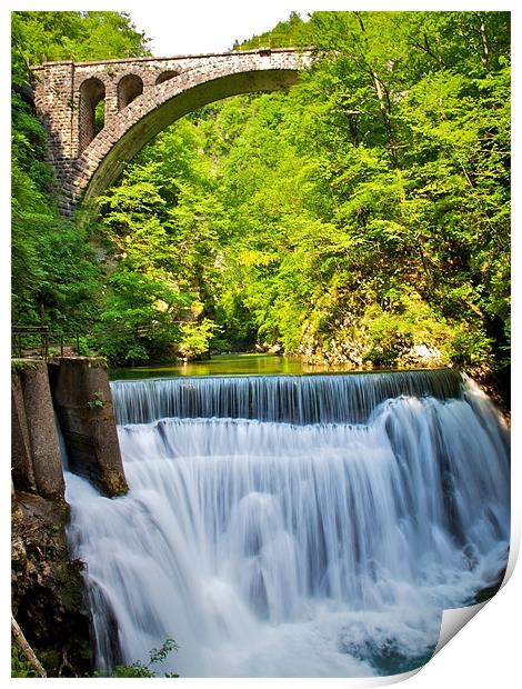 Vintgar Gorge water and bridge, Slovenia Print by Kate Barley