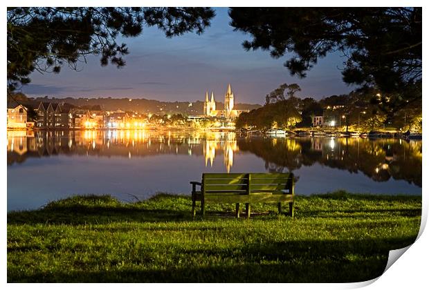 Truro Cathedral over the river at night Print by Paul Cooper