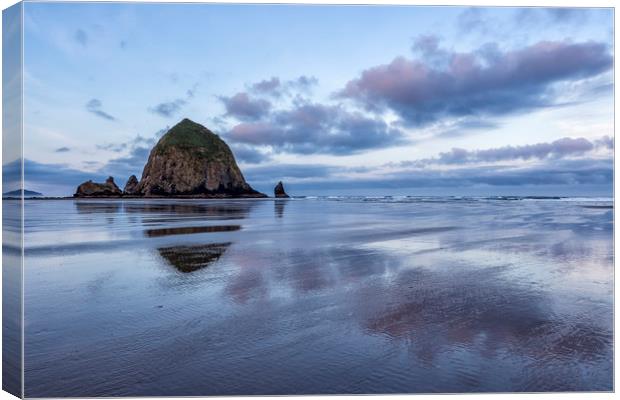 Haystack Rock at Low Tide in Early Morning Canvas Print by Belinda Greb