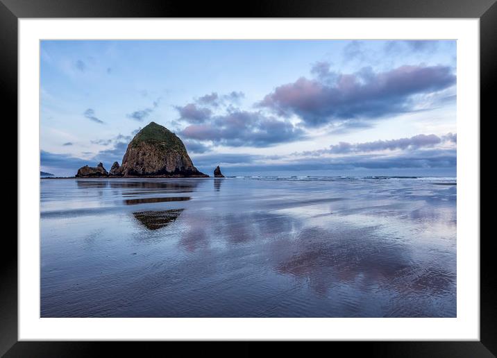Haystack Rock at Low Tide in Early Morning Framed Mounted Print by Belinda Greb