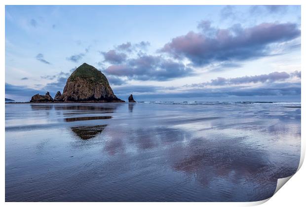 Haystack Rock at Low Tide in Early Morning Print by Belinda Greb