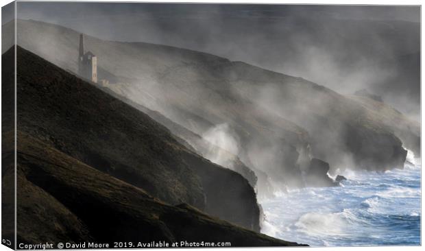 Storm wave spray drifting up to Wheal Coates Canvas Print by David Moore
