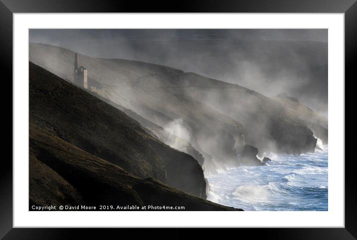 Storm wave spray drifting up to Wheal Coates Framed Mounted Print by David Moore