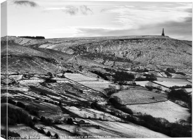 snow covered landscape with fields and moors near stoodley pike in west yorkshire. Canvas Print by Philip Openshaw