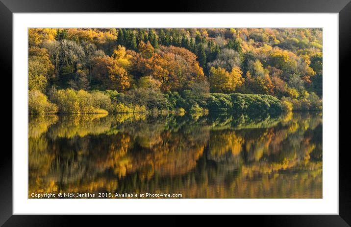 Trees reflected in Talybont Reservoir Brecon Beaco Framed Mounted Print by Nick Jenkins