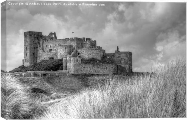 Bamburgh Castle in black and white. Canvas Print by Andrew Heaps
