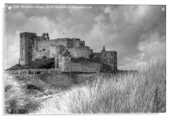 Bamburgh Castle in black and white. Acrylic by Andrew Heaps