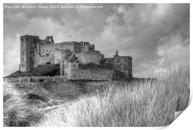 Bamburgh Castle in black and white. Print by Andrew Heaps