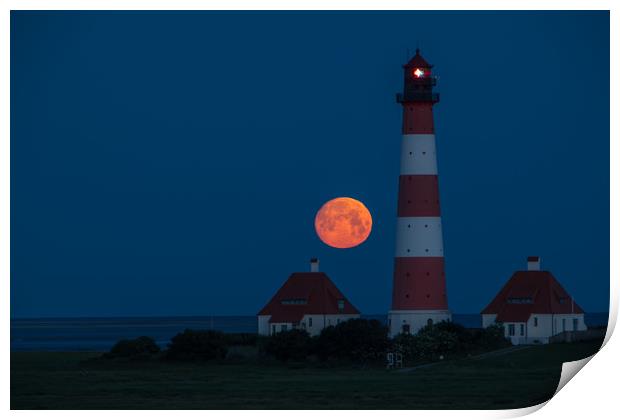 Moonset at Lighthouse in Westerhever Print by Thomas Schaeffer