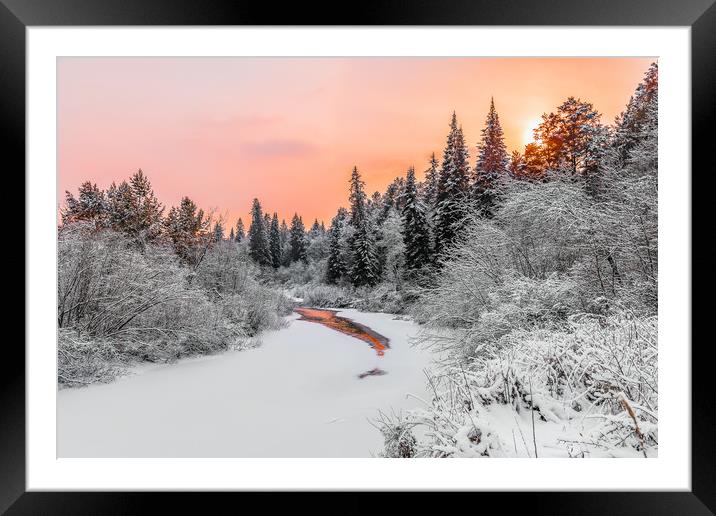 Evening sky over a frozen forest river Framed Mounted Print by Dobrydnev Sergei