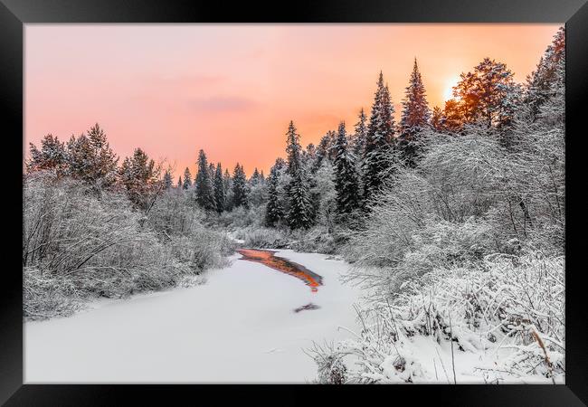 Evening sky over a frozen forest river Framed Print by Dobrydnev Sergei