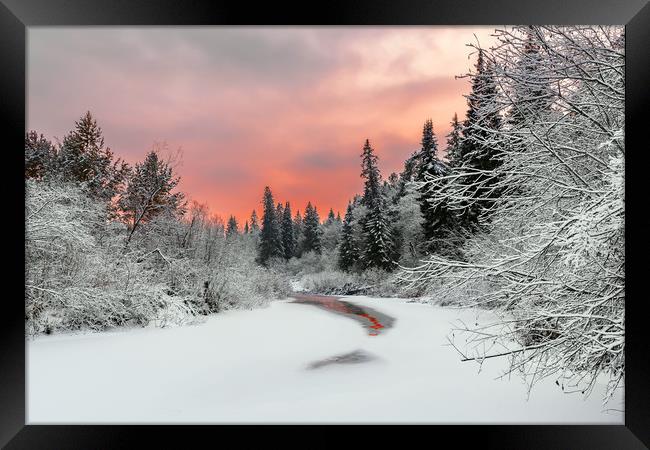 Evening sky over a frozen forest river Framed Print by Dobrydnev Sergei