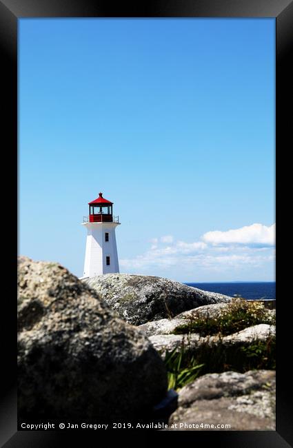 Lighthouse at Peggys Cove Framed Print by Jan Gregory