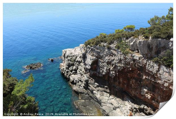 Rockface and bay on Lokrum island Print by Andrew Reece