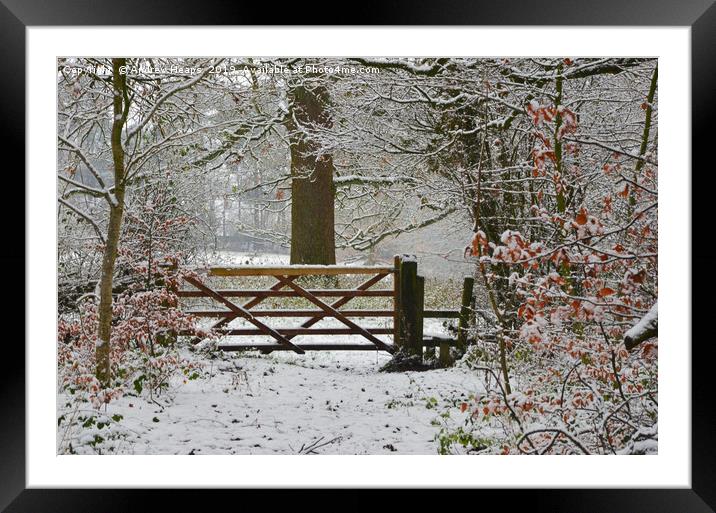 Winterly scene with snowy gate and style. Framed Mounted Print by Andrew Heaps