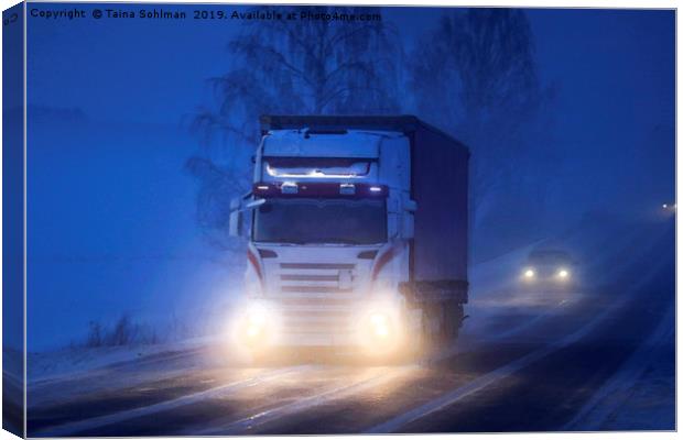 Truck Transport on Foggy Winter Night Watercolour  Canvas Print by Taina Sohlman