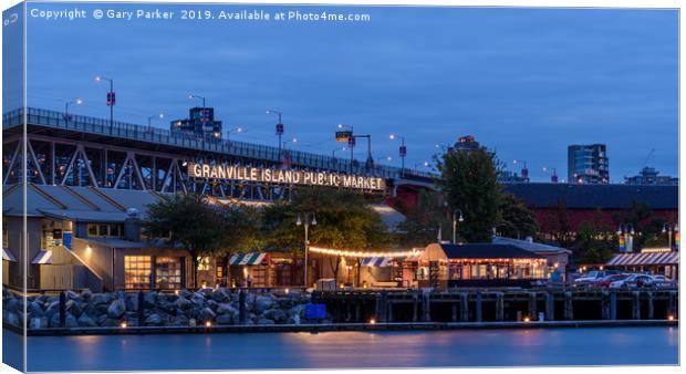 Granville Island market, lit up at dusk	  Canvas Print by Gary Parker