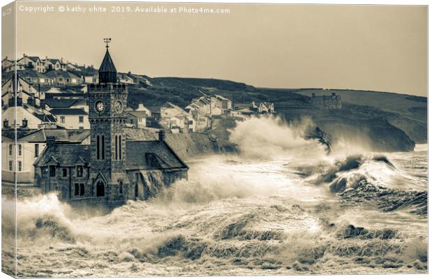 large storm  Porthleven Harbour cornwall Canvas Print by kathy white
