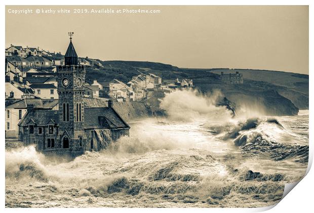 large storm  Porthleven Harbour cornwall Print by kathy white