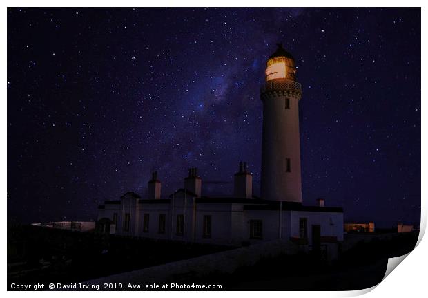 Milky Way over the Mull of Galloway lighthouse Print by David Irving