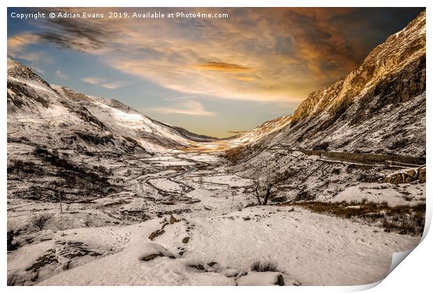 Nant Ffrancon Winter Sunset Print by Adrian Evans