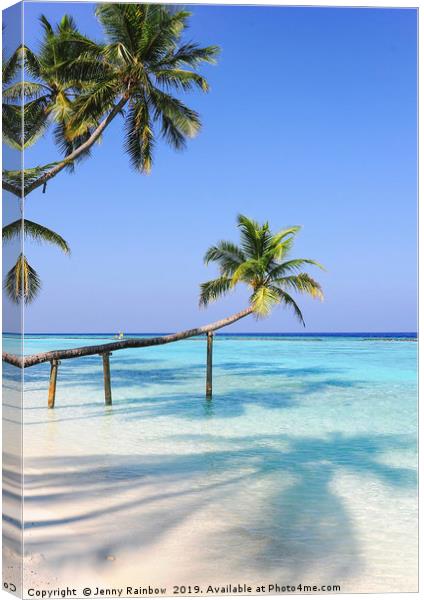 Bending Palm Trees Over Blue Ocean					 Canvas Print by Jenny Rainbow