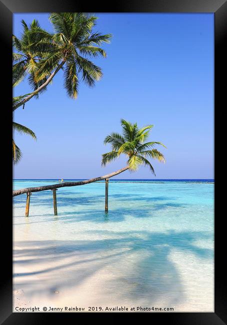 Bending Palm Trees Over Blue Ocean					 Framed Print by Jenny Rainbow