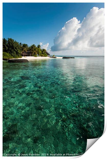 Emerald water of the Maldivian coral reef near isl Print by Jenny Rainbow
