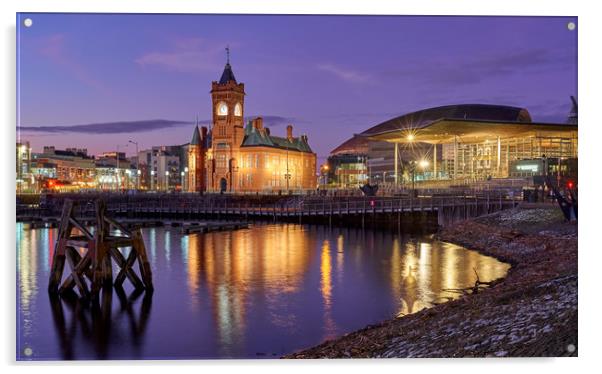 Cardiff Bay Dusk Acrylic by Richard Downs