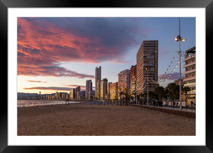 Sunset at Levante beach in Benidorm Framed Mounted Print by Leighton Collins
