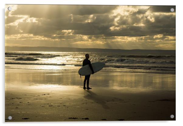 Surfer watching the waves at Croyde Bay in Devon Acrylic by Tony Twyman